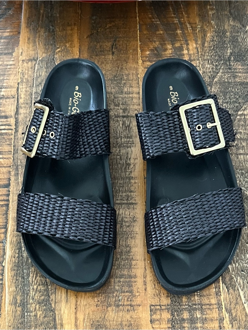 Bio-Gold Black Woven Double-Strap Slide Sandals with Gold Buckles